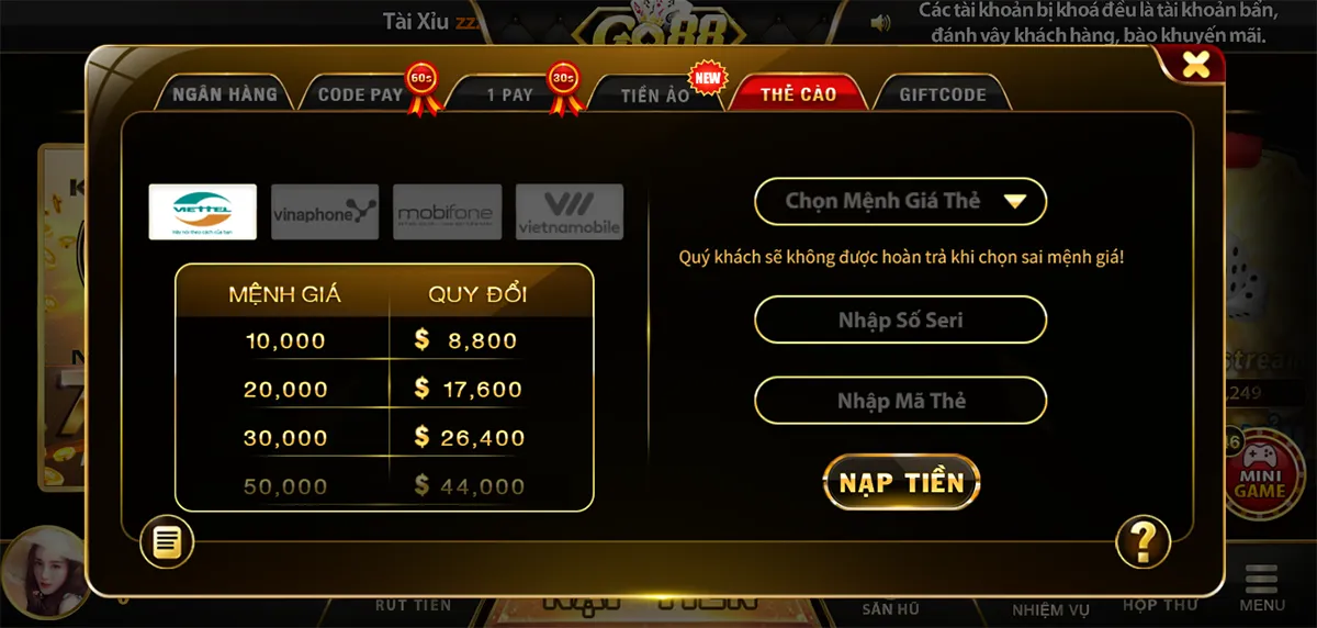 Nạp tiền Go88 bằng Thẻ cào điện thoại