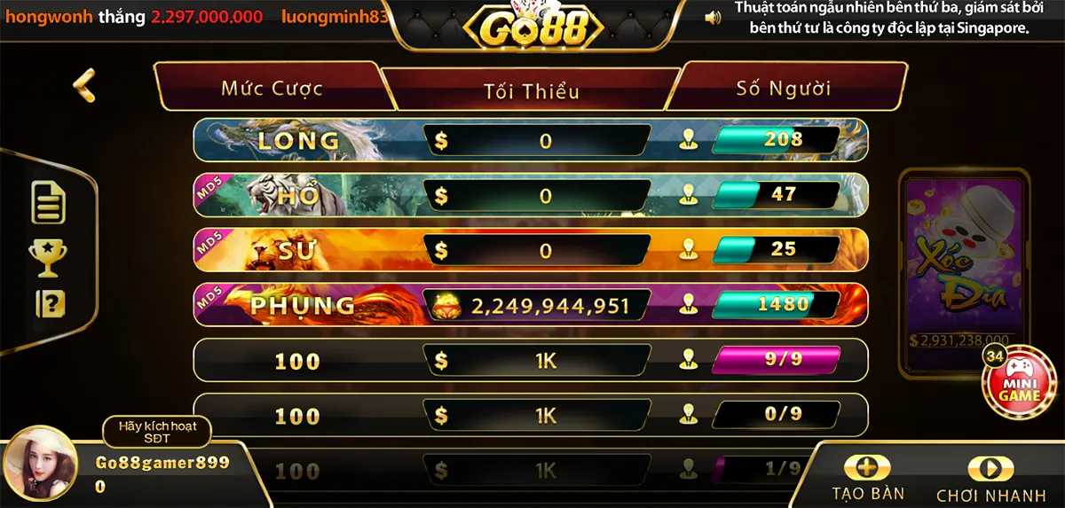 Lưu ý khi đặt cược với mệnh giá lớn tại sòng bài game go 88